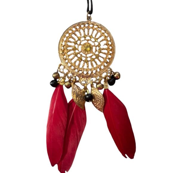 Red Feather Boho Gold Dream Catcher Necklace - Picture 3 of 3